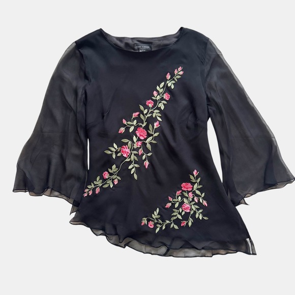 Anne Carson Tops - Anne Carson Black 100% Silk Embroidered Rose top XL Whimsigoth Y2K Dark Romance